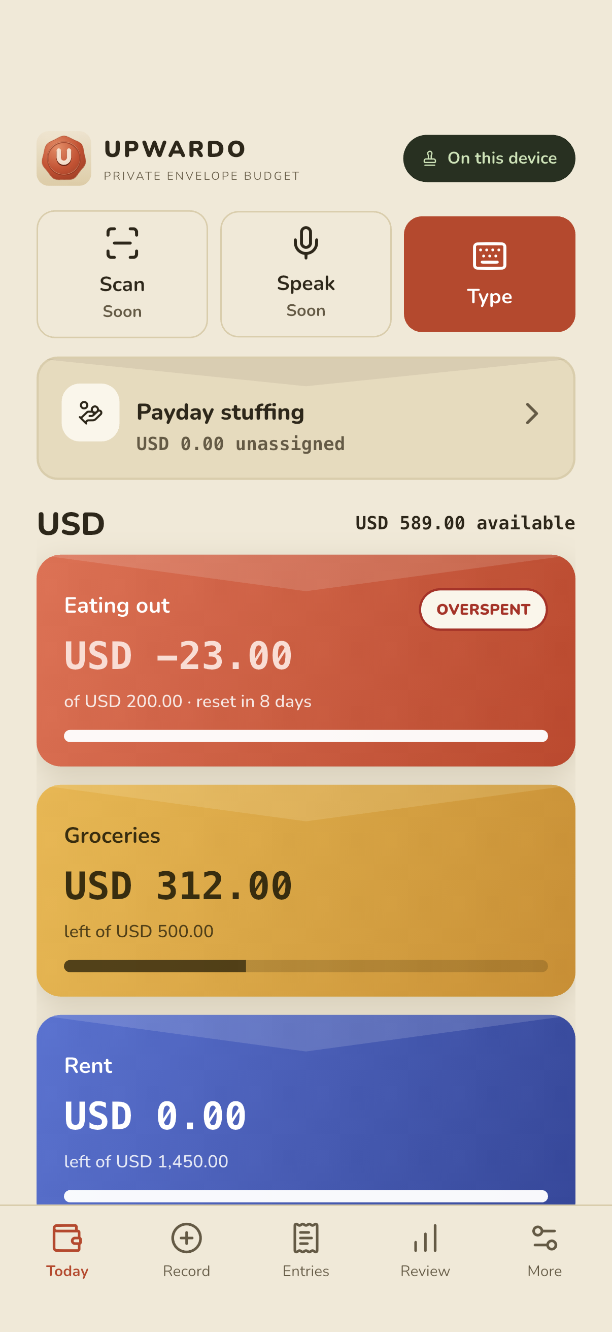 Upwardo today screen: example balances, USD 589.00 available, an overspent Eating out envelope at USD −23.00, Groceries at USD 312.00 and Rent at USD 0.00.